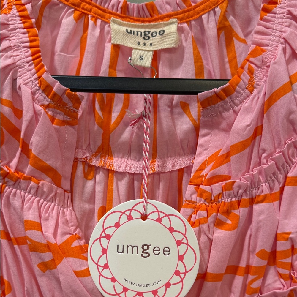 Umgee Small Pink Midi Dress with Orange Bow Print and Puff Sleeves with belt - Picture 5 of 8